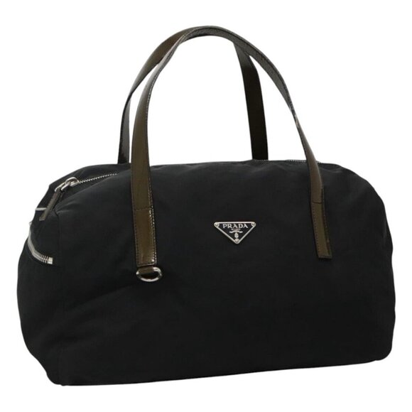PRADA Hand Bag Nylon Enamel Black Khaki Silver Auth - Picture 1 of 16